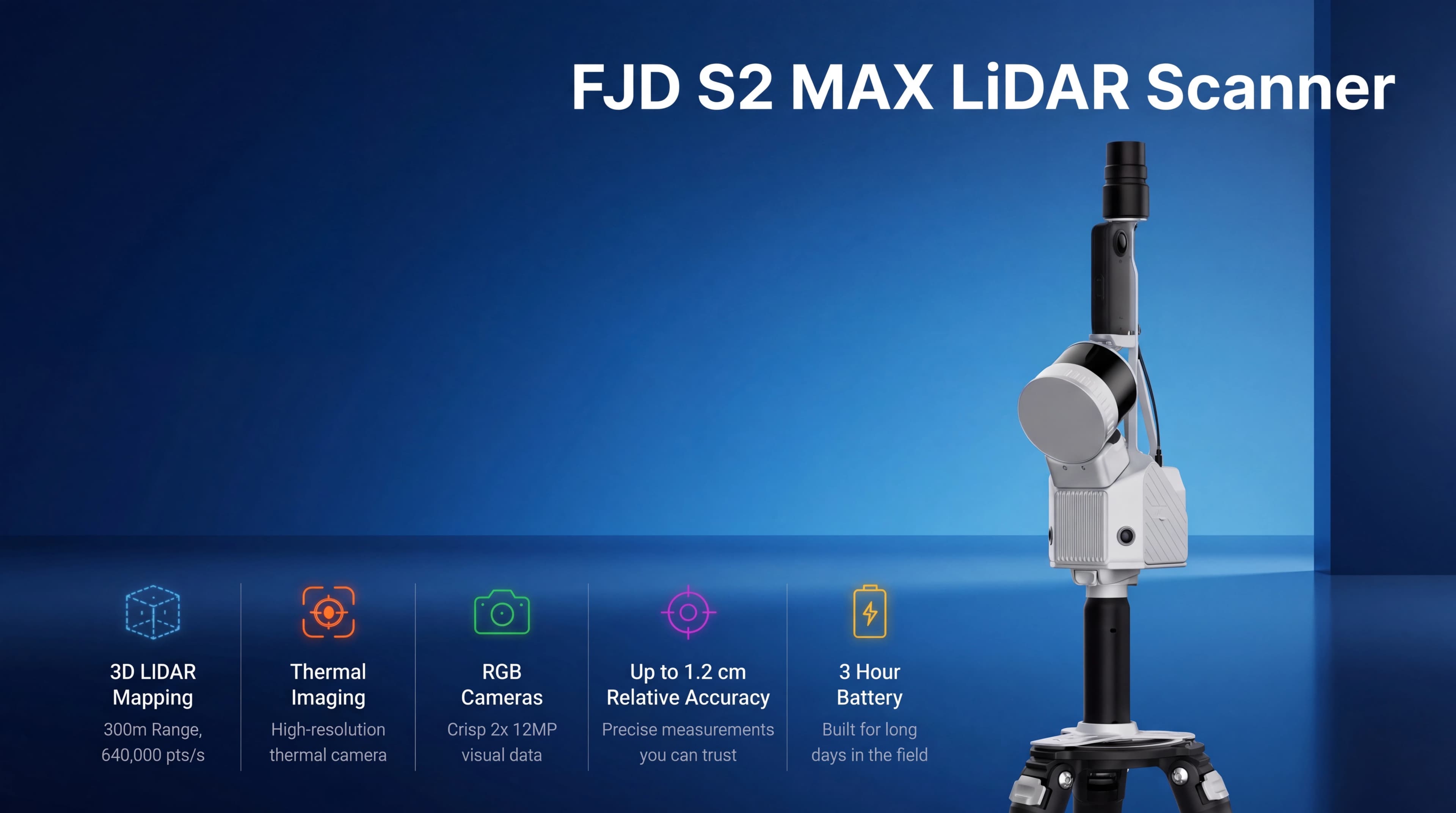 FJD S2 MAX LiDAR Scanner – 300 m räckvidd, 640,000 punkter/s, värmeavbildning och 1.2 cm relativ noggrannhet.