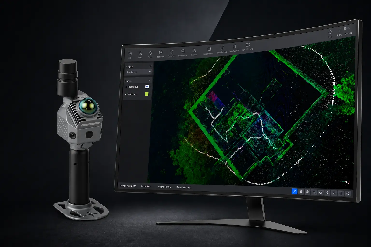 LiDAR-scanner bredvid en skärm med ett färglagt punktmoln för BIM och CAD