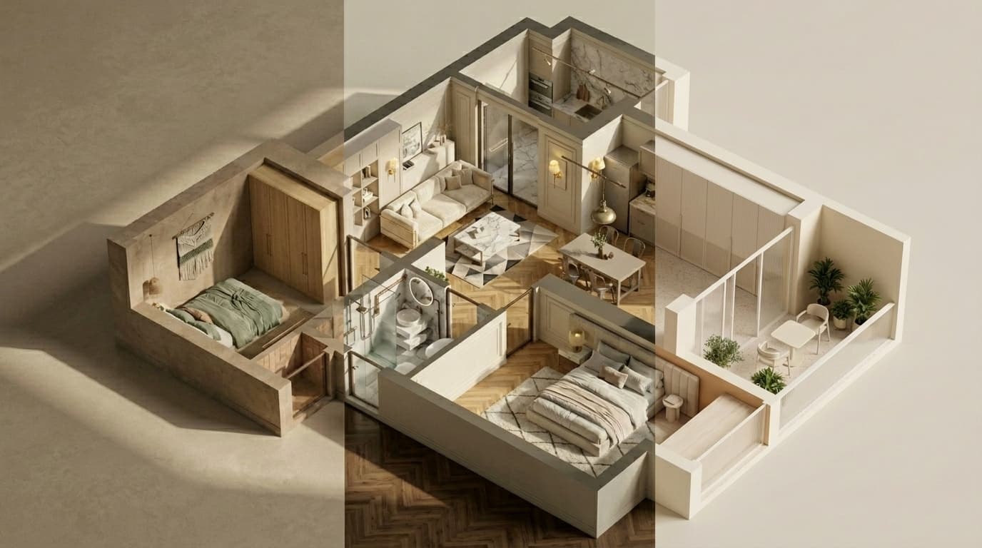 AI-styled interior visualization generated from scan-derived floor plans